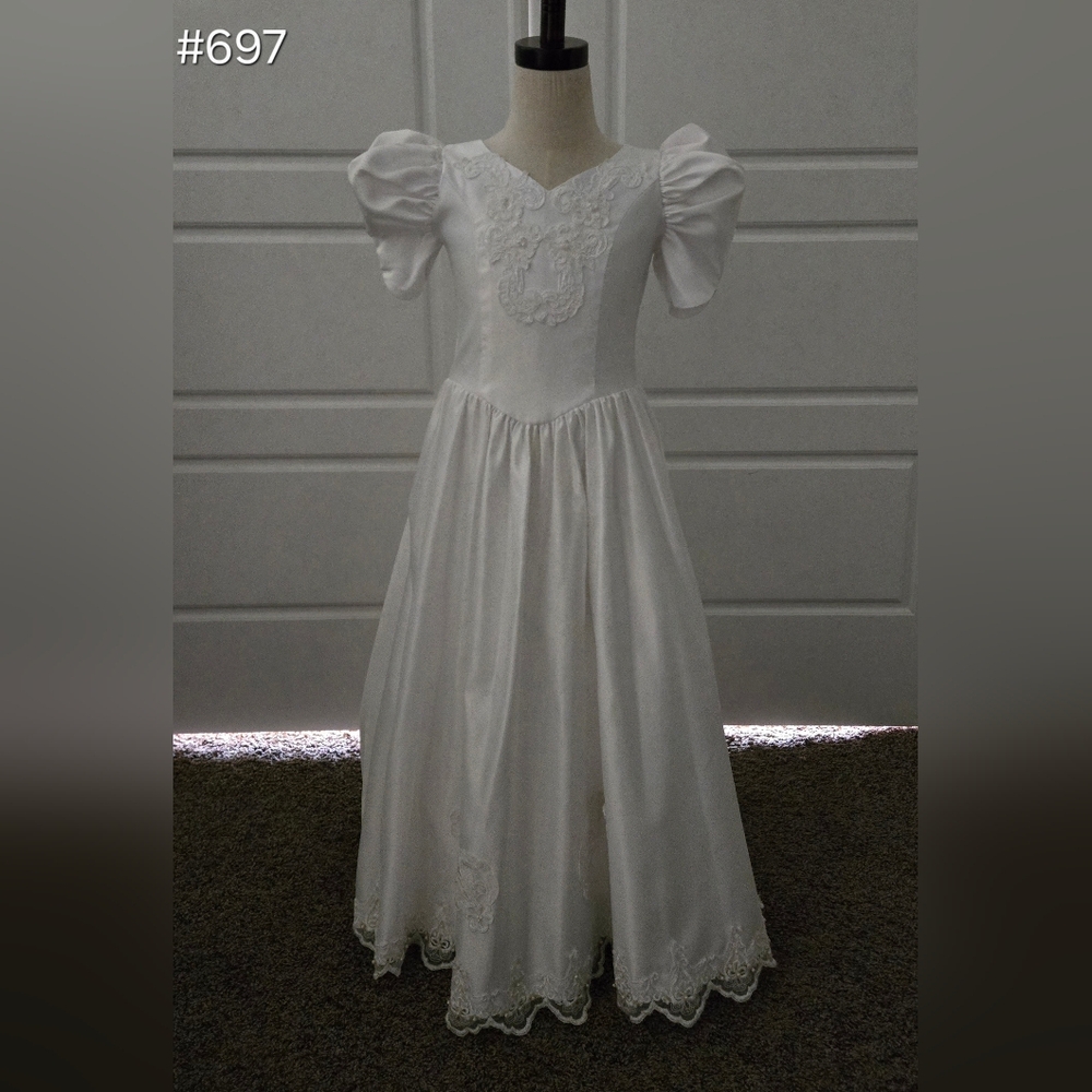 Girls White Satin Wedding Dress Bride Costume